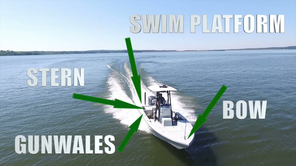 Video still: a center-console boat on open water with the swim platform, stern, gunwales and bow labeled